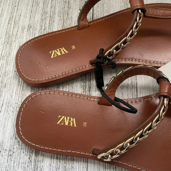 NWT ZARA FLAT GENUINE LEATHER SANDALS WITH CHAIN - Picture 5 of 9